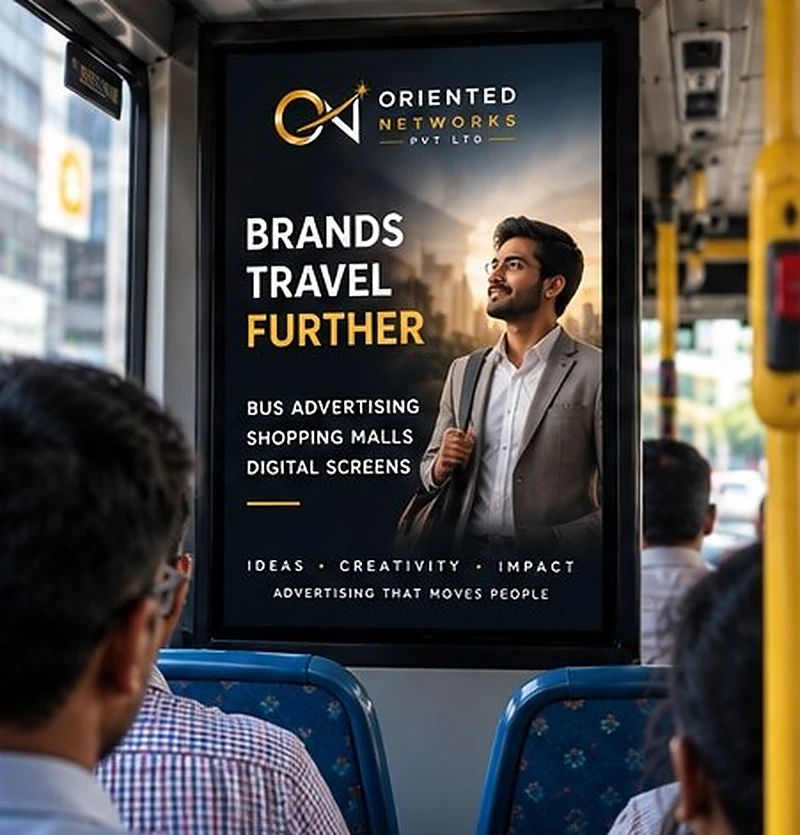 A portrait bus screen beside the seats, showing the advertisement 'Brands travel further'.