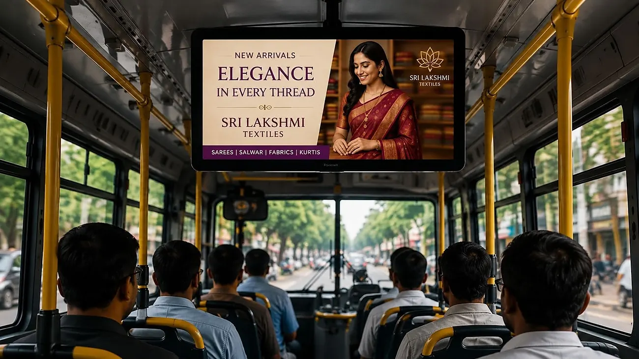 Inside a city bus, seen from the back: passengers sit facing an HD screen mounted above the aisle.