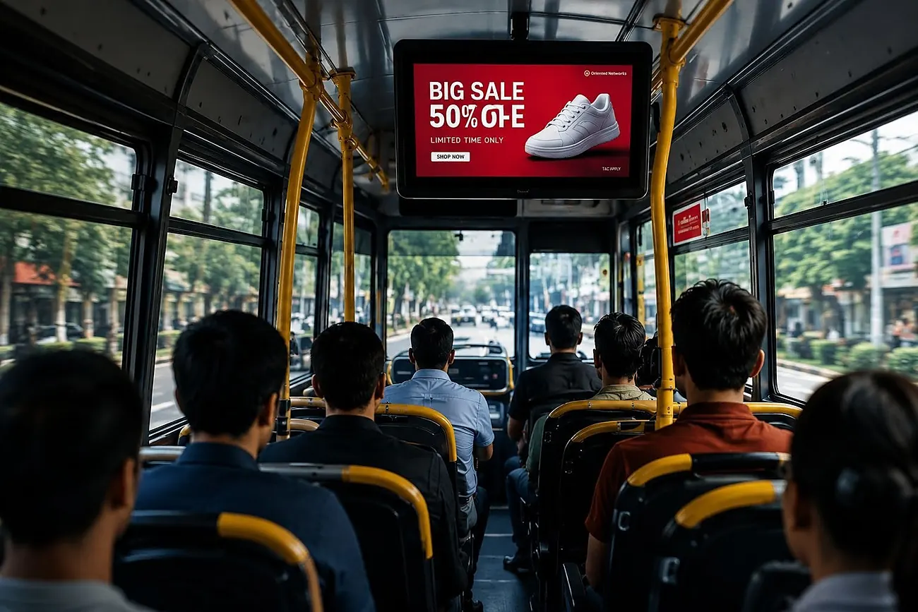 Passengers on a city bus, an advertisement playing on the screen above the aisle