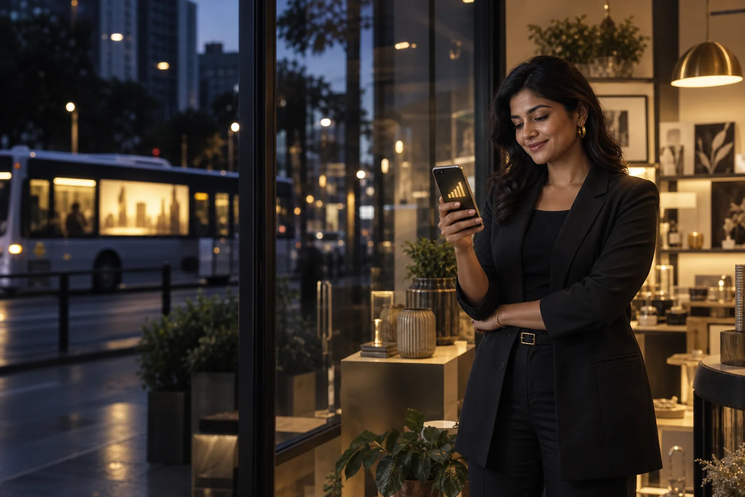 A shop owner smiling at her phone, a bus passing on the street outside