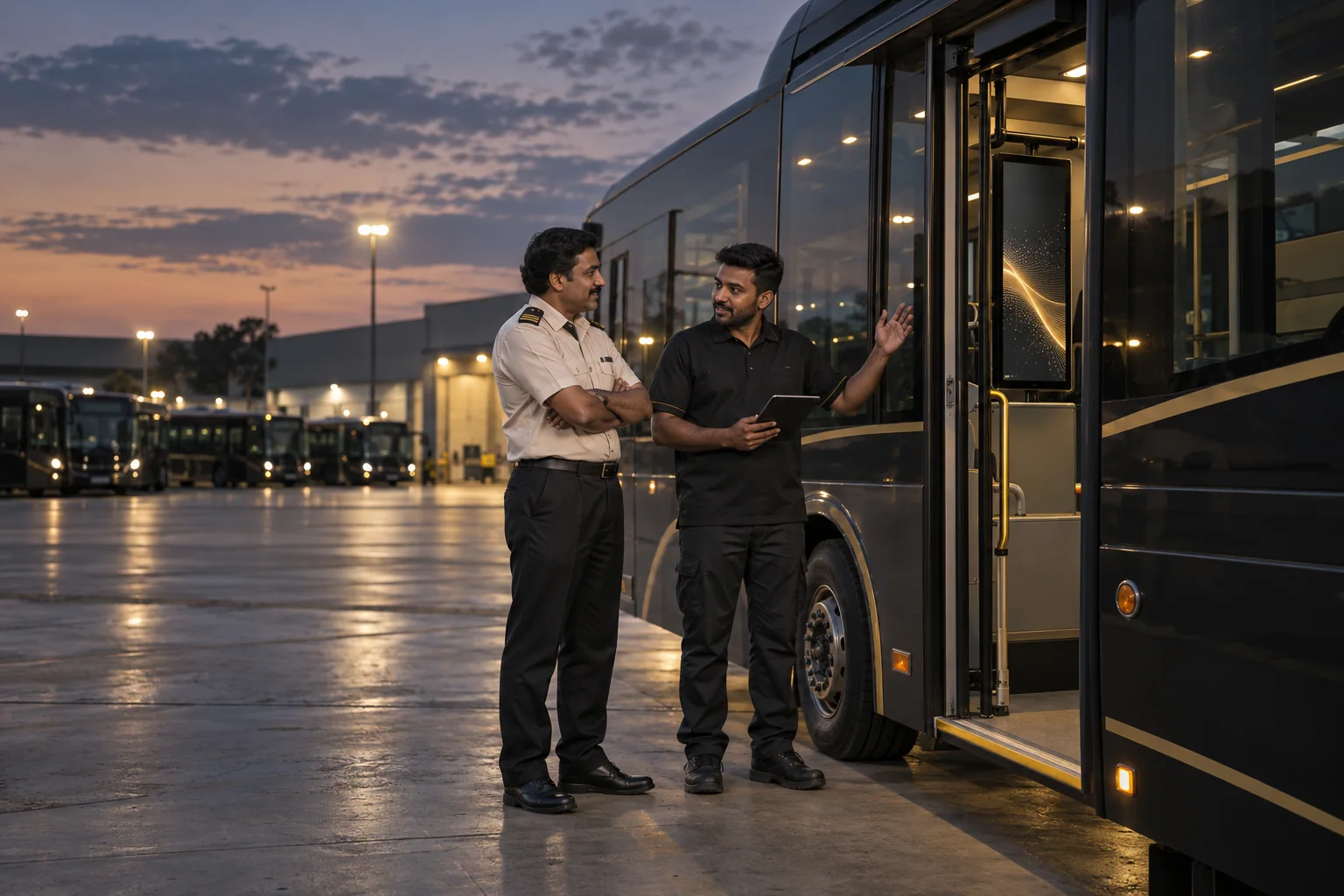 A bus operator and a technician talking beside a bus with a screen inside it, at a depot at dusk.