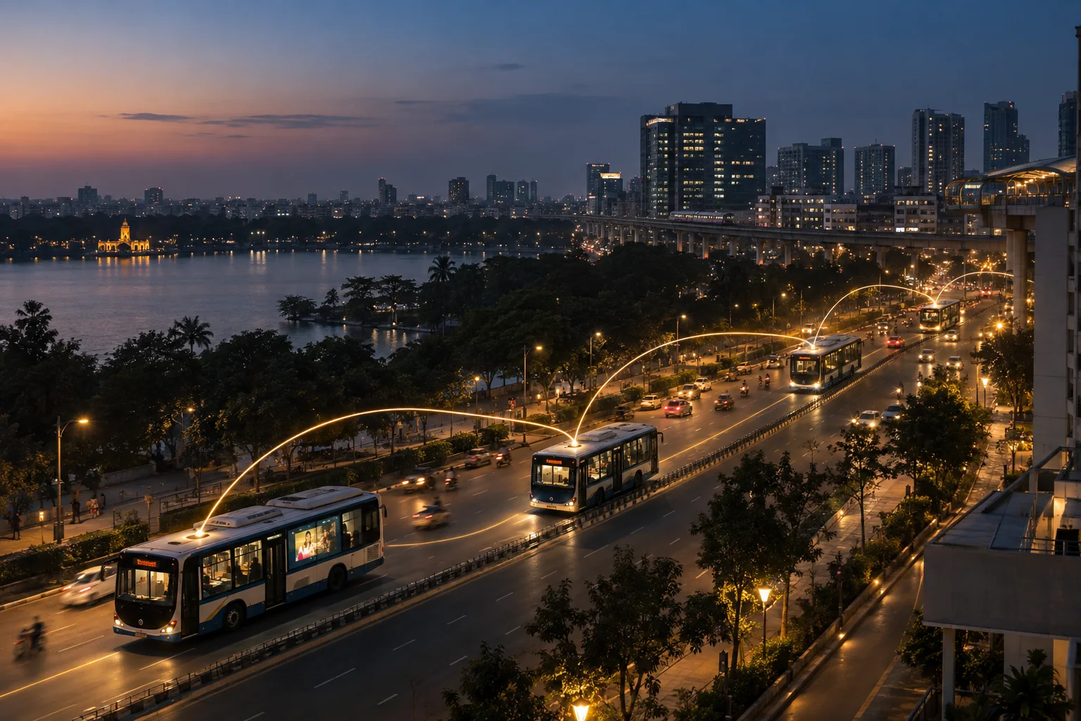 Buses on a busy road beside the water in Kochi at dusk, linked by arcs of gold light.