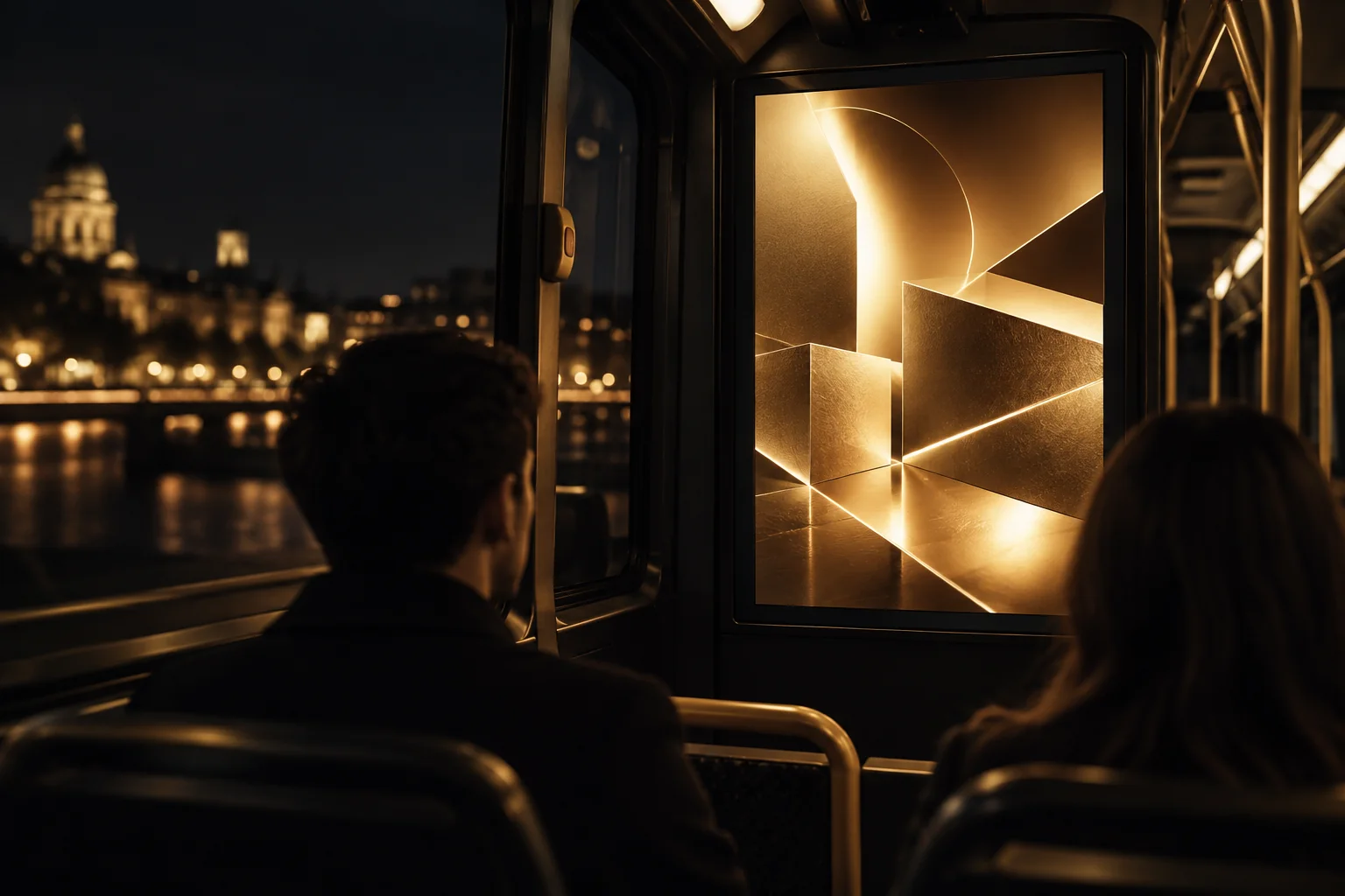 Passengers on an evening bus beside a lit advertising screen