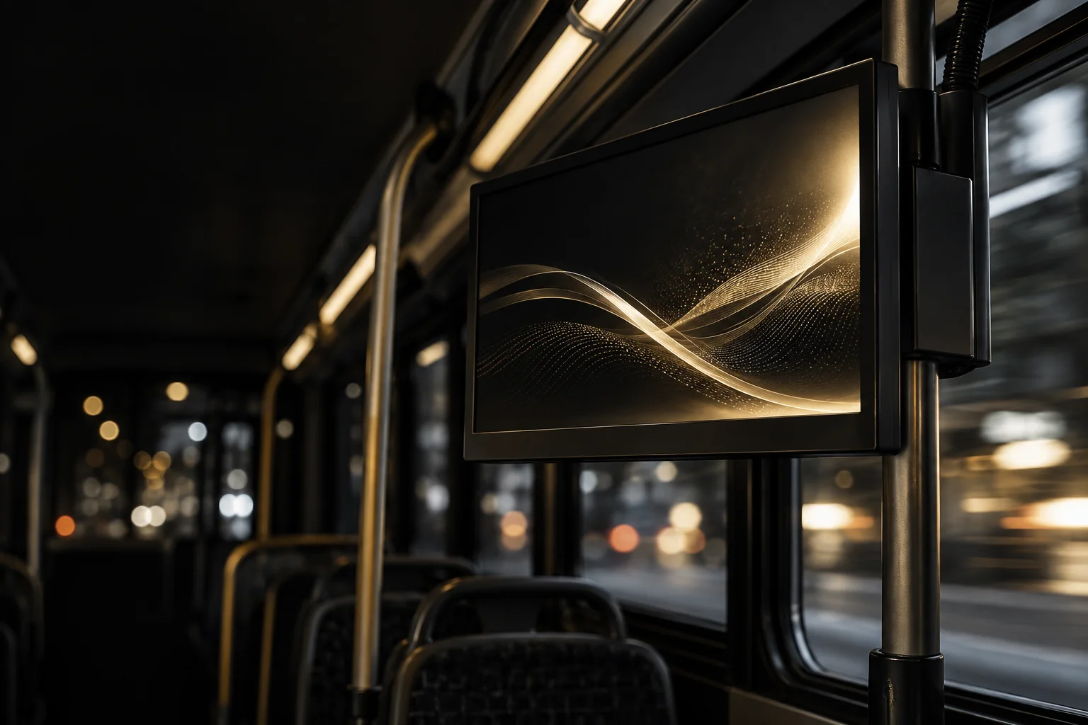 A screen mounted beside the doors inside a bus, lit up while the city passes the window