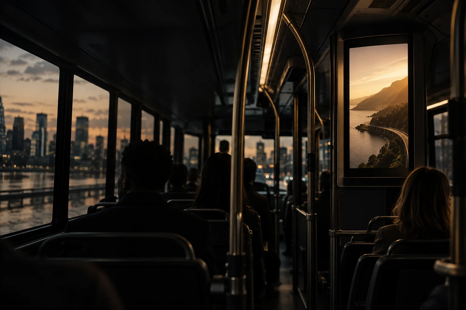 Passengers seated inside a bus at dusk, an advertisement playing on the screen beside the aisle